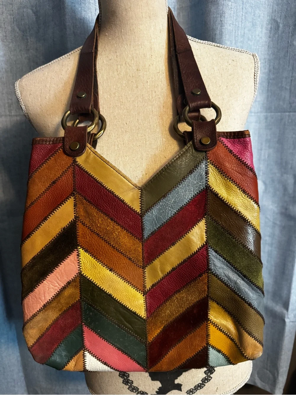 Y2K Lucky Brand Patchwork Leather Suede Chevron Hobo Bag Boho Denim Lining